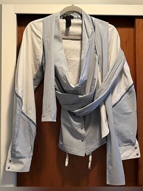 Donna Karan Blue & Ivory Striped Draped Snapped-Front Blouse Zipper Sleeve Sz. 6